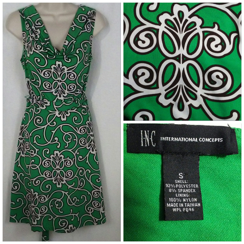 INC dress Size S Green White brown swirls Travel - Picture 2 of 7